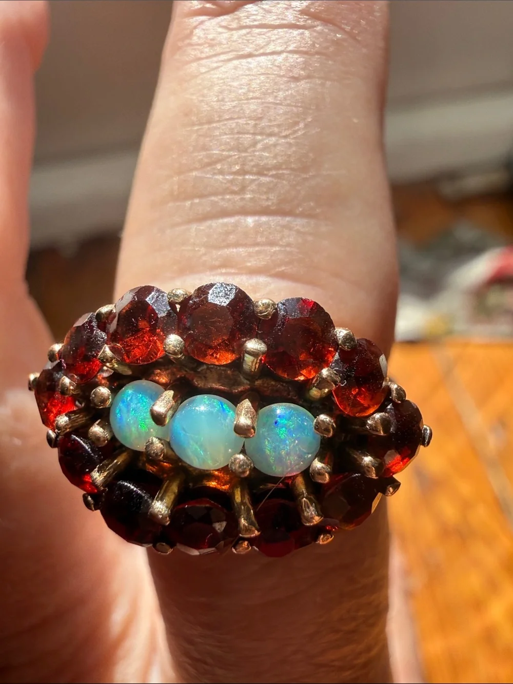 Vintage Opal+Garnet Cluster Cocktail Ring - Fiery Blue Opals +Deep Red Garnets 👄
